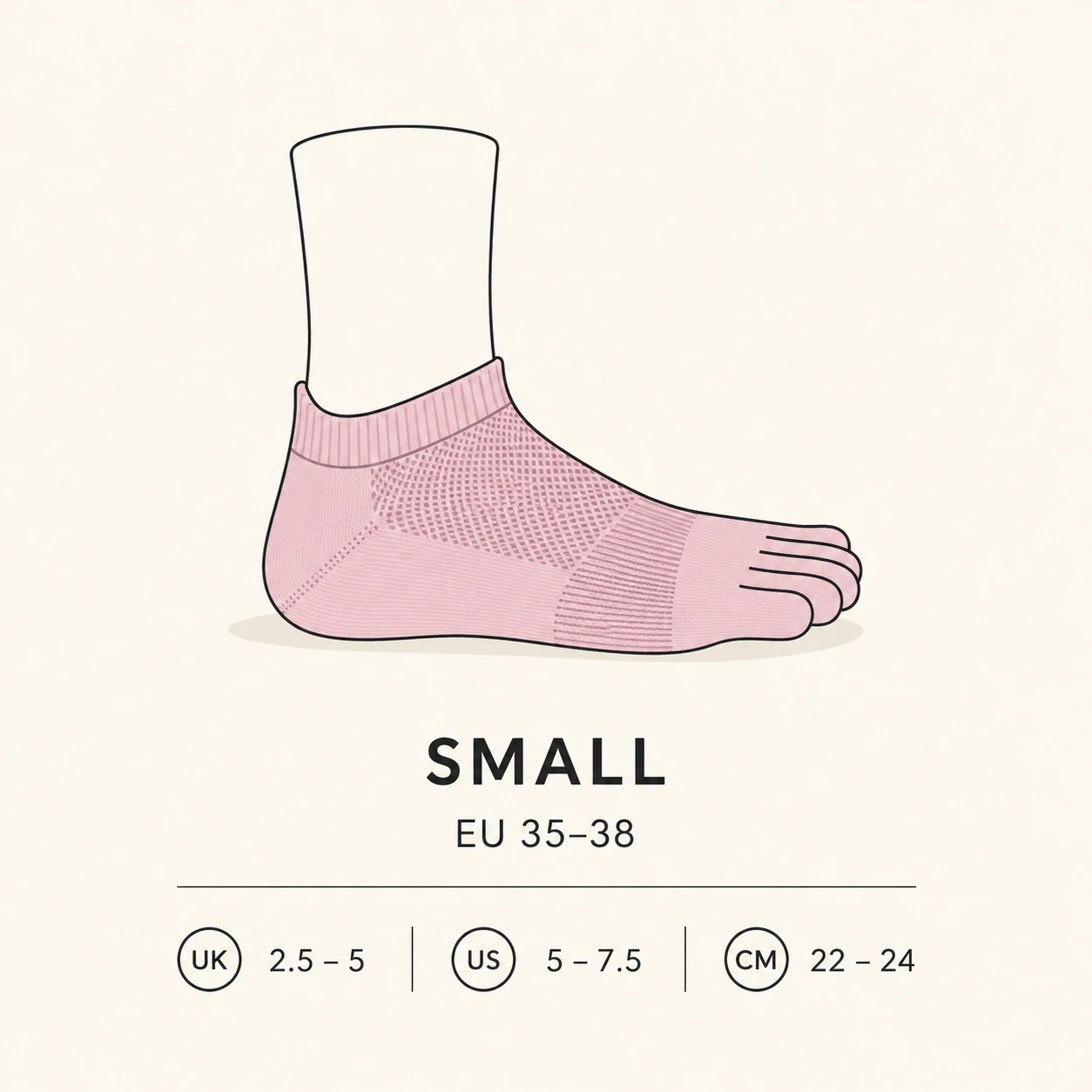 Small sock size: EU 35–38, UK 2.5–5, US 5–7.5, 22–24 cm